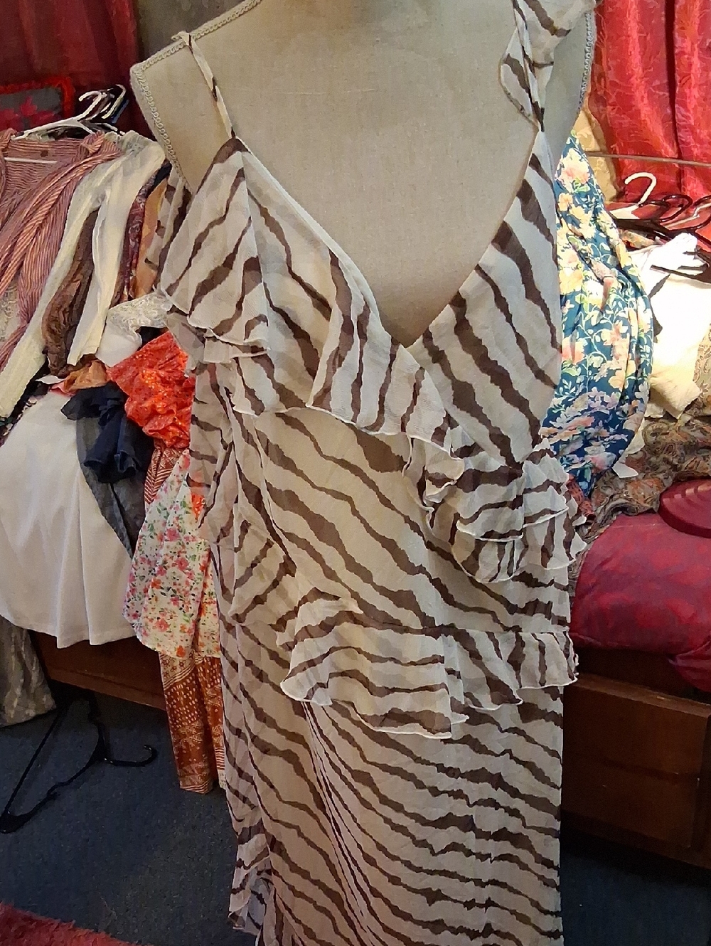 Ruffled Zebra-Pattern Maxi Dress in Beige and Brown